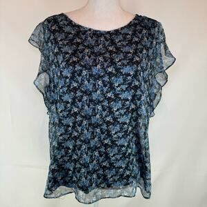Vince Camuto Women's Blue Floral Flutter Sleeve with Tank Underlay Top Blouse L